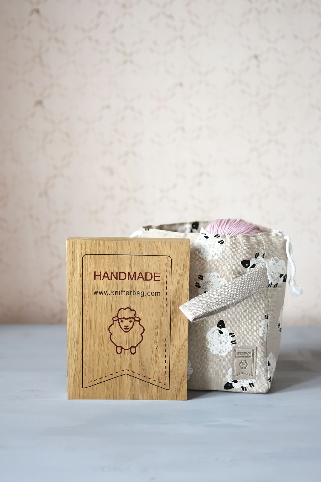 Project Bag. Small. Special KnitterBag design. Toile de jouy Linen pattern print.