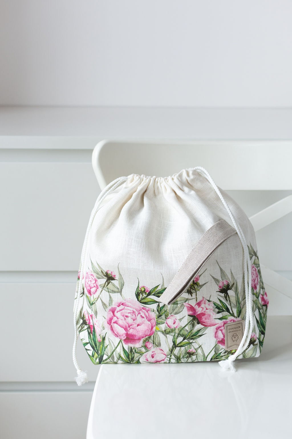 Drawstring Knitting Project Bag. Summer Flowers collection. Special KnitterBag design. Peony