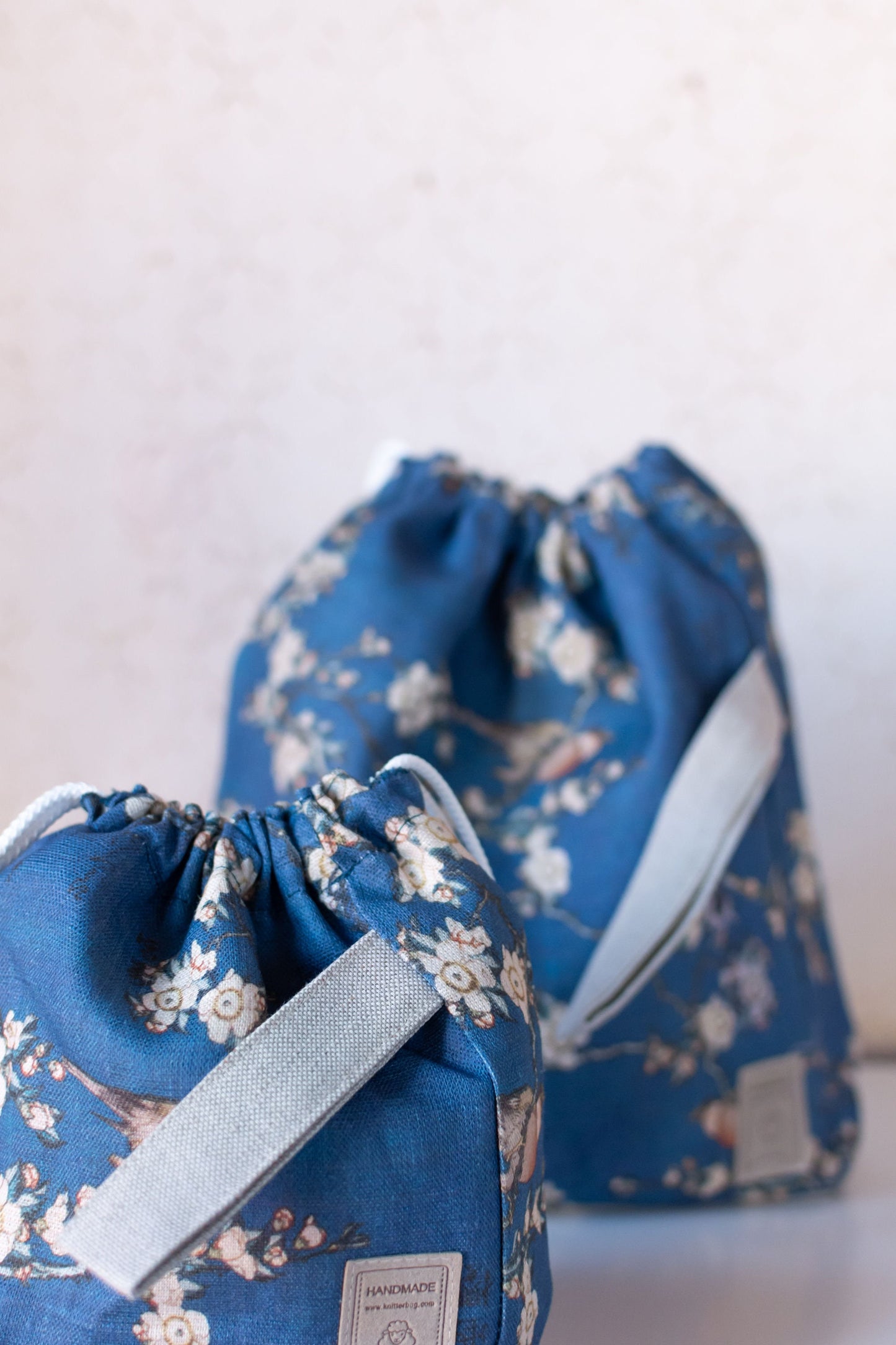 Bullfinch and Weeping Cherry by Katsushika Hokusai, Linen project bag, Knitting needle holder, Knitting Project Bag. Drawstring. Size Large.