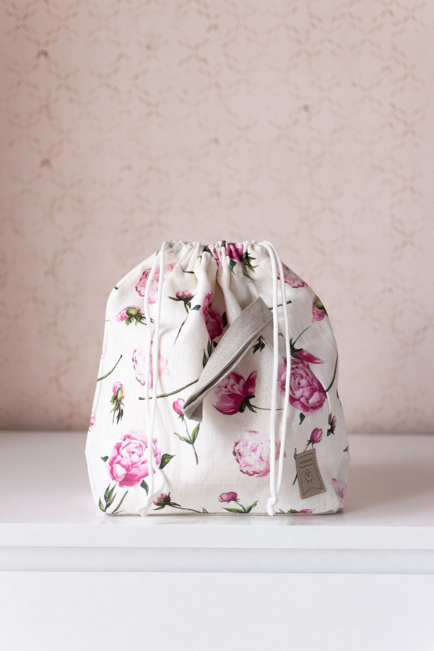 Peony Drawstring Knitting Project Bag. Large. Summer Flowers collection. Special KnitterBag design.