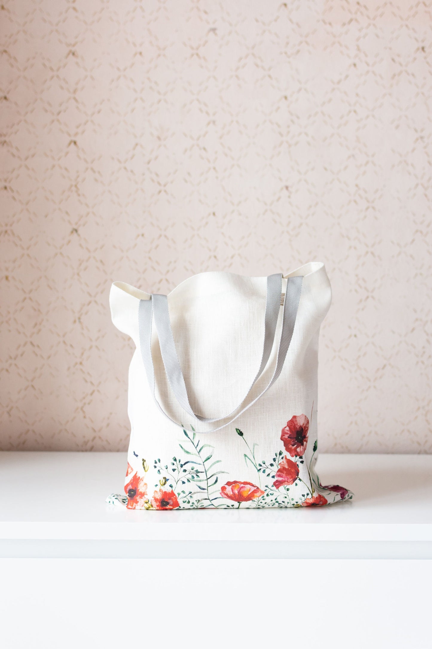 Linen Market Bag from Summer Flowers collection. Poppy pattern