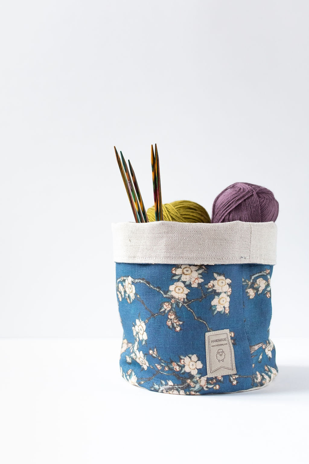 Fabric basket, Yarn storage, KIP box, fabric box, storage basket, home organisation. Bullfinch and Weeping Cherry by Katsushika Hokusai
