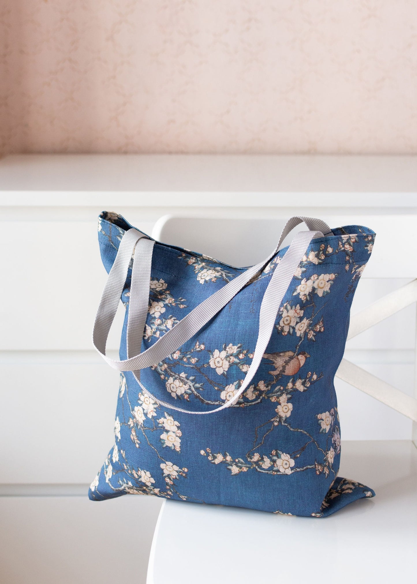 Bullfinch and Weeping Cherry by Katsushika Hokusai. Linen Market Bag.