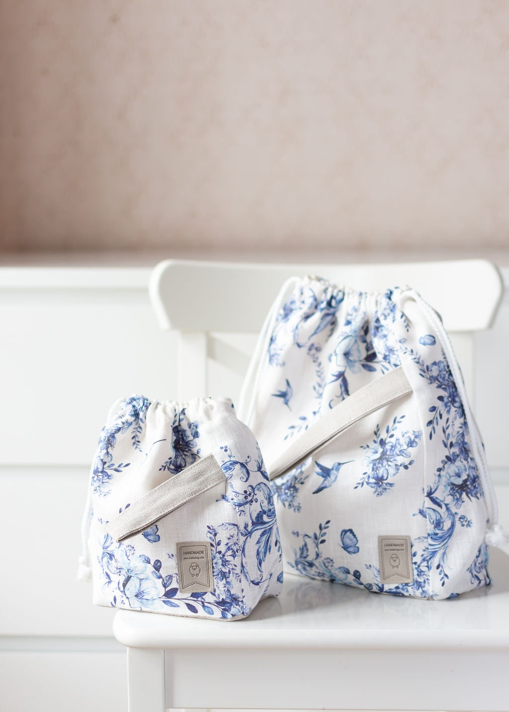 Project Bag. Drawstring Knitting Project Bag with Toile de jouy print.