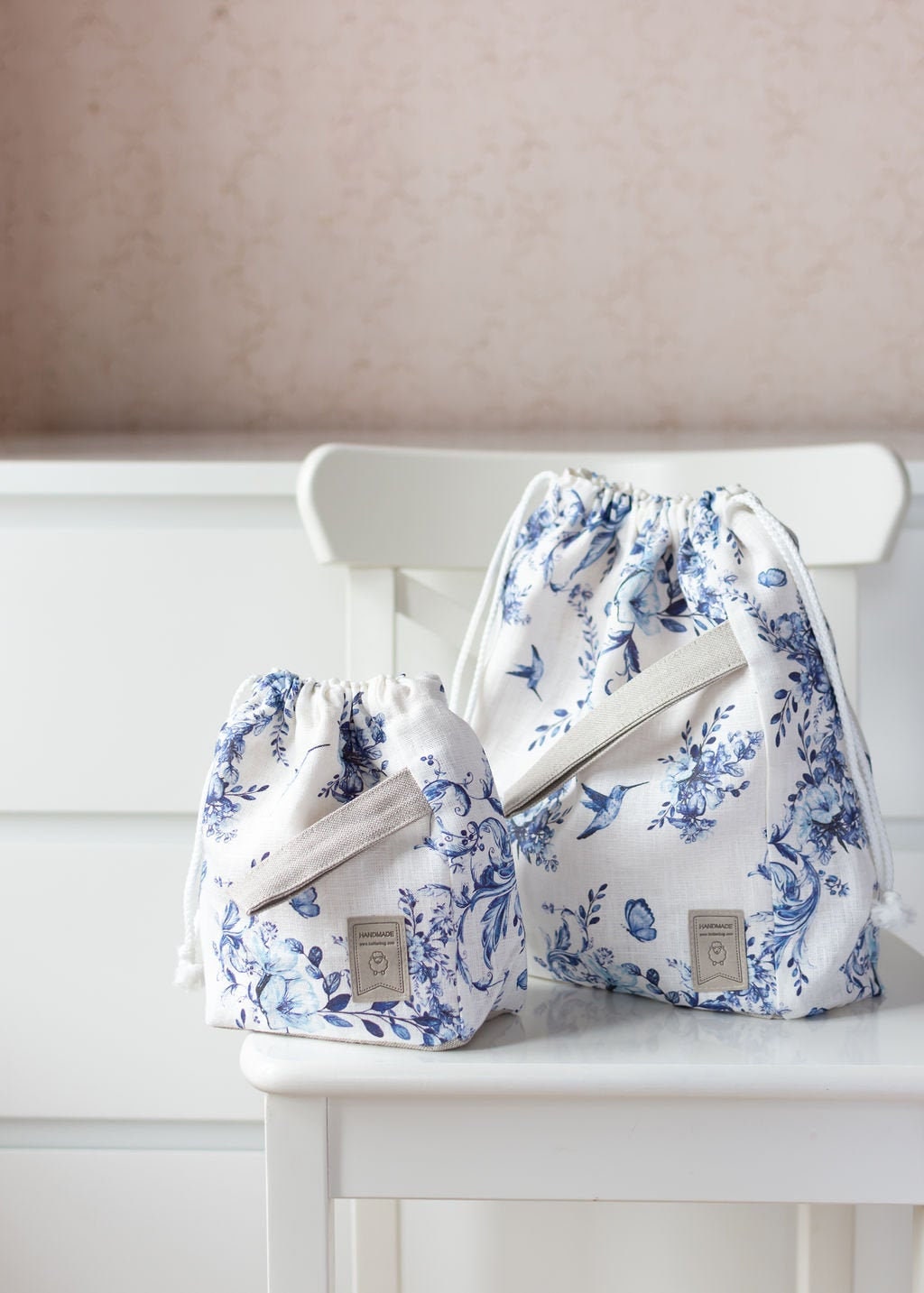 Project bags. Set of 2 Knitter Project Bags. Large and Small. Summer Flowers collection. Blue Flowers pattern.