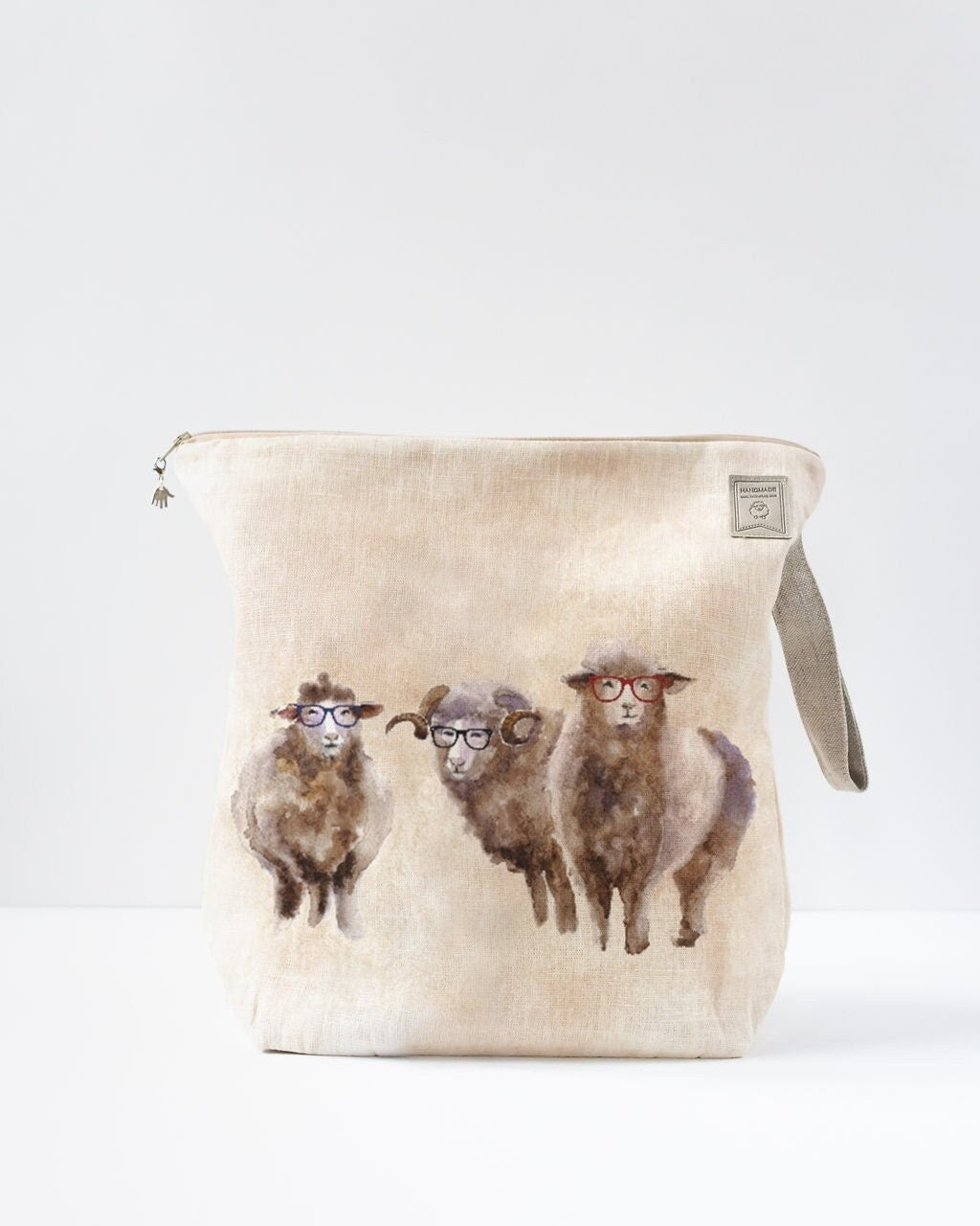 Project Bag with zipper with sheep print. Yarn organizer. Small, Medium or Large
