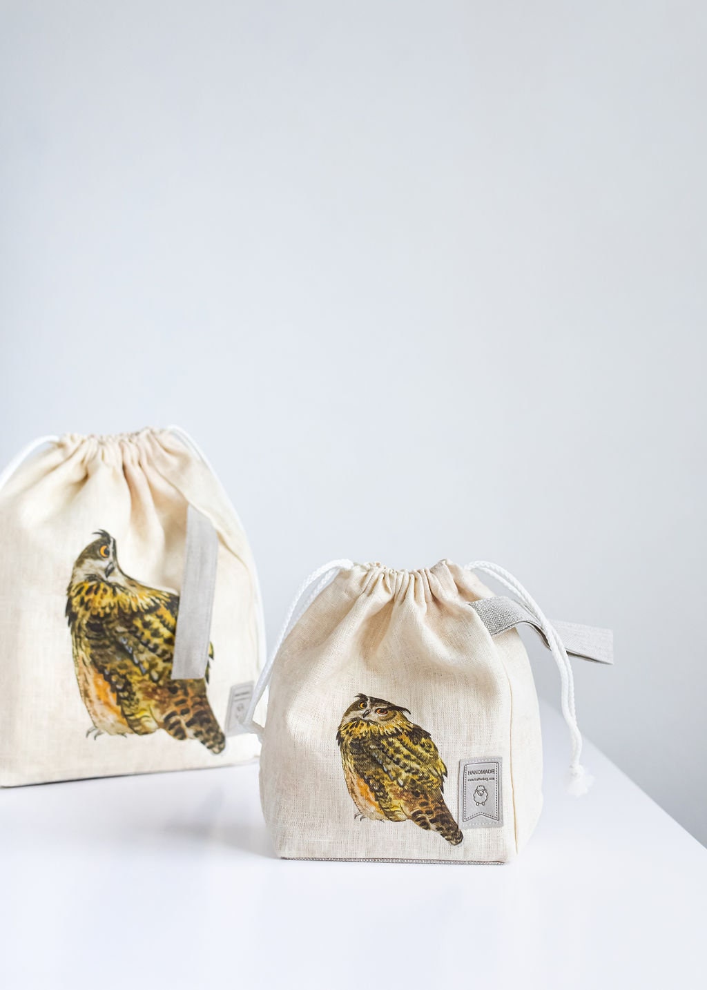 Linen project bag, Knitting needle holder, Knitting Project Bag. Drawstring. Size Large. Owl print