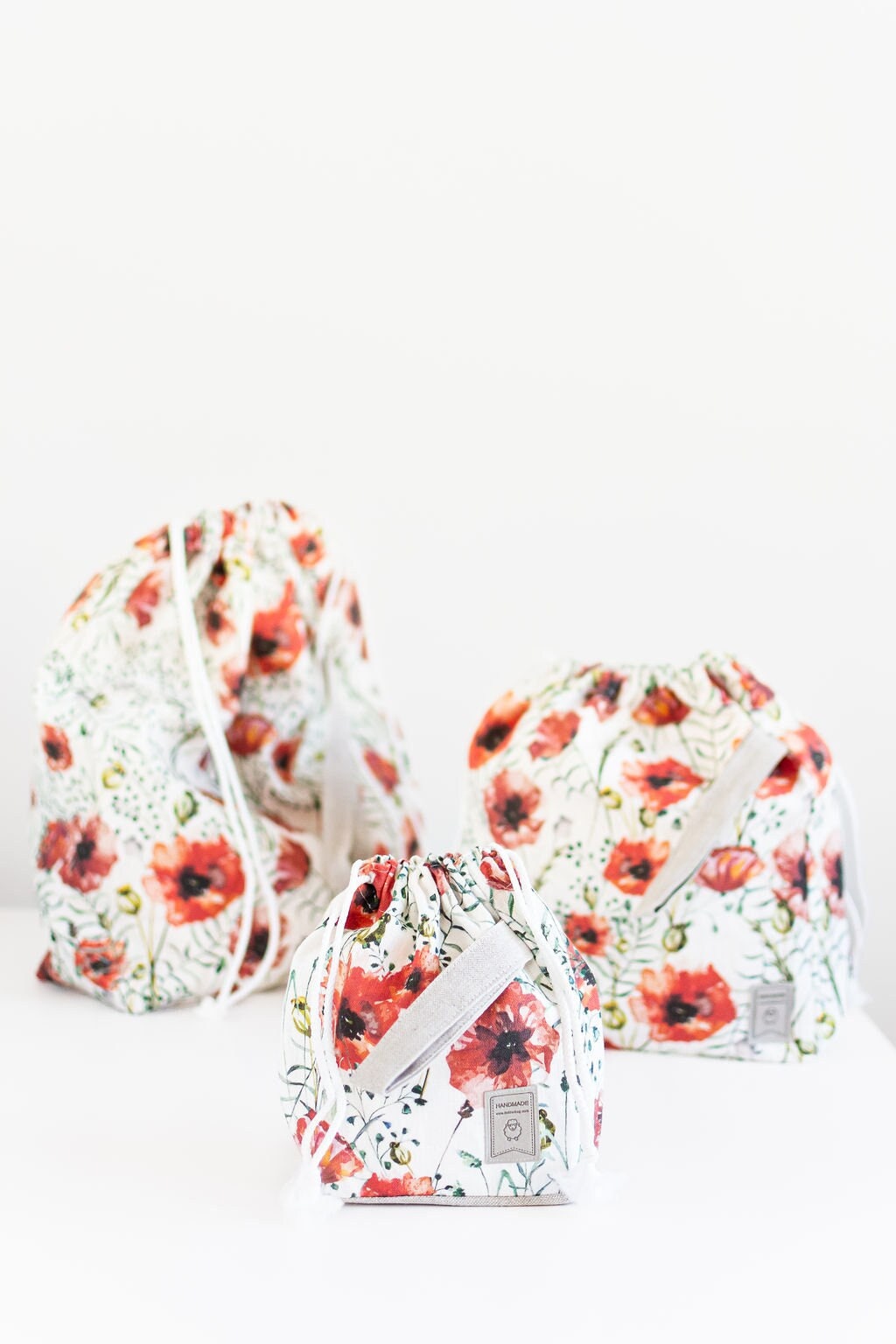 Set of 3 Poppy print Project Bags. Sizes XL, Large and Small.