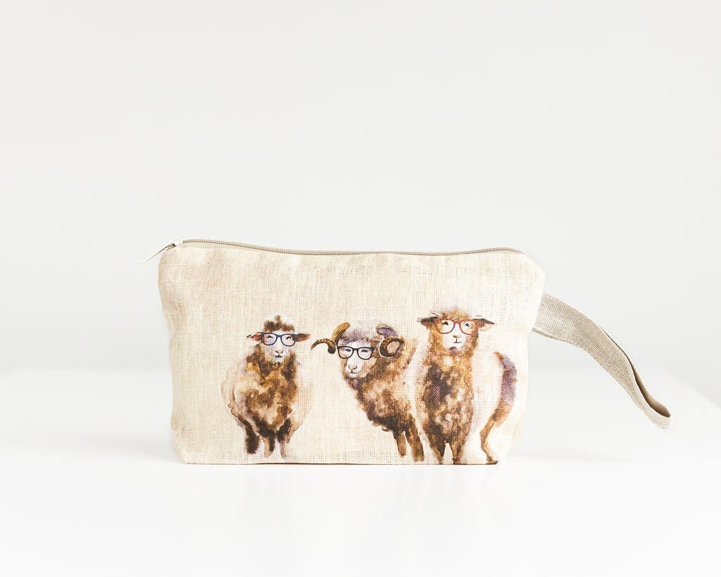 Wristlet pouch Sheep print fabric Natural linen - cosmetic bag pouch