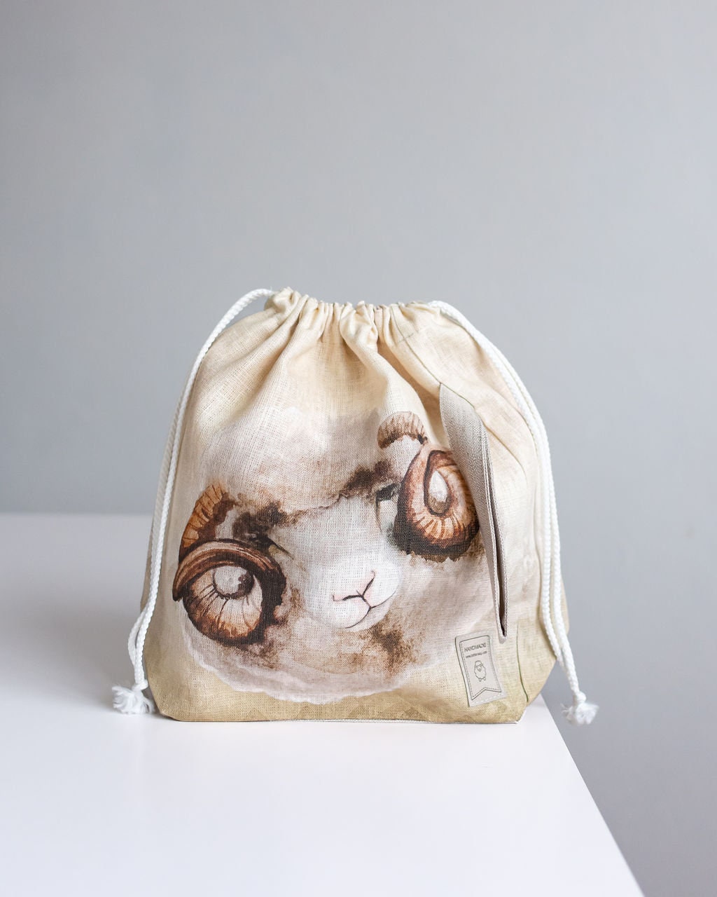 Linen project bag, Knitting needle holder, Knitting Project Bag. Drawstring. Sheep print