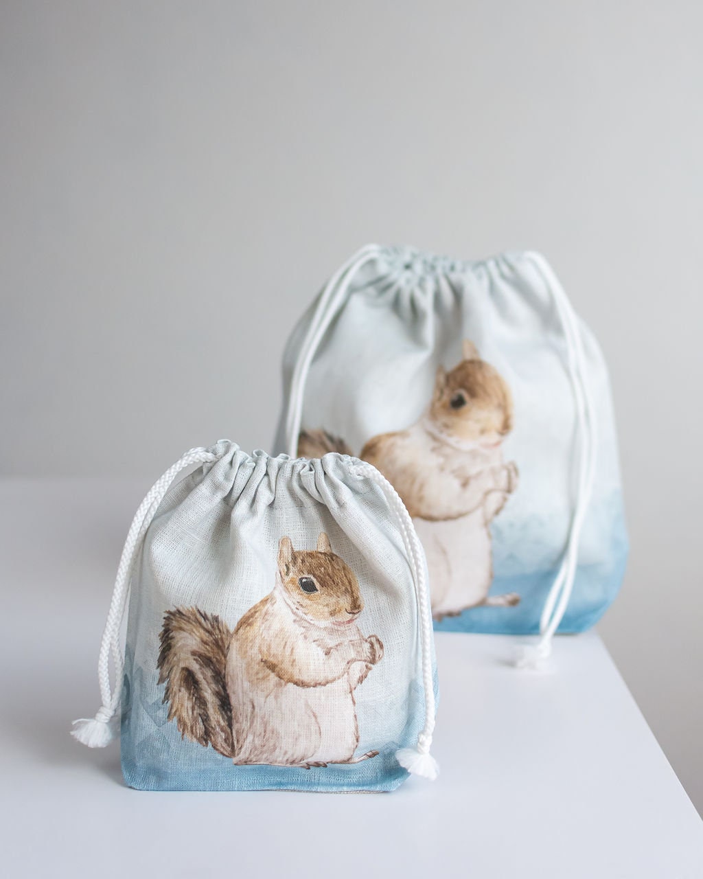 Small WIP Project Bag with Knitter with Squirrel print and blue background