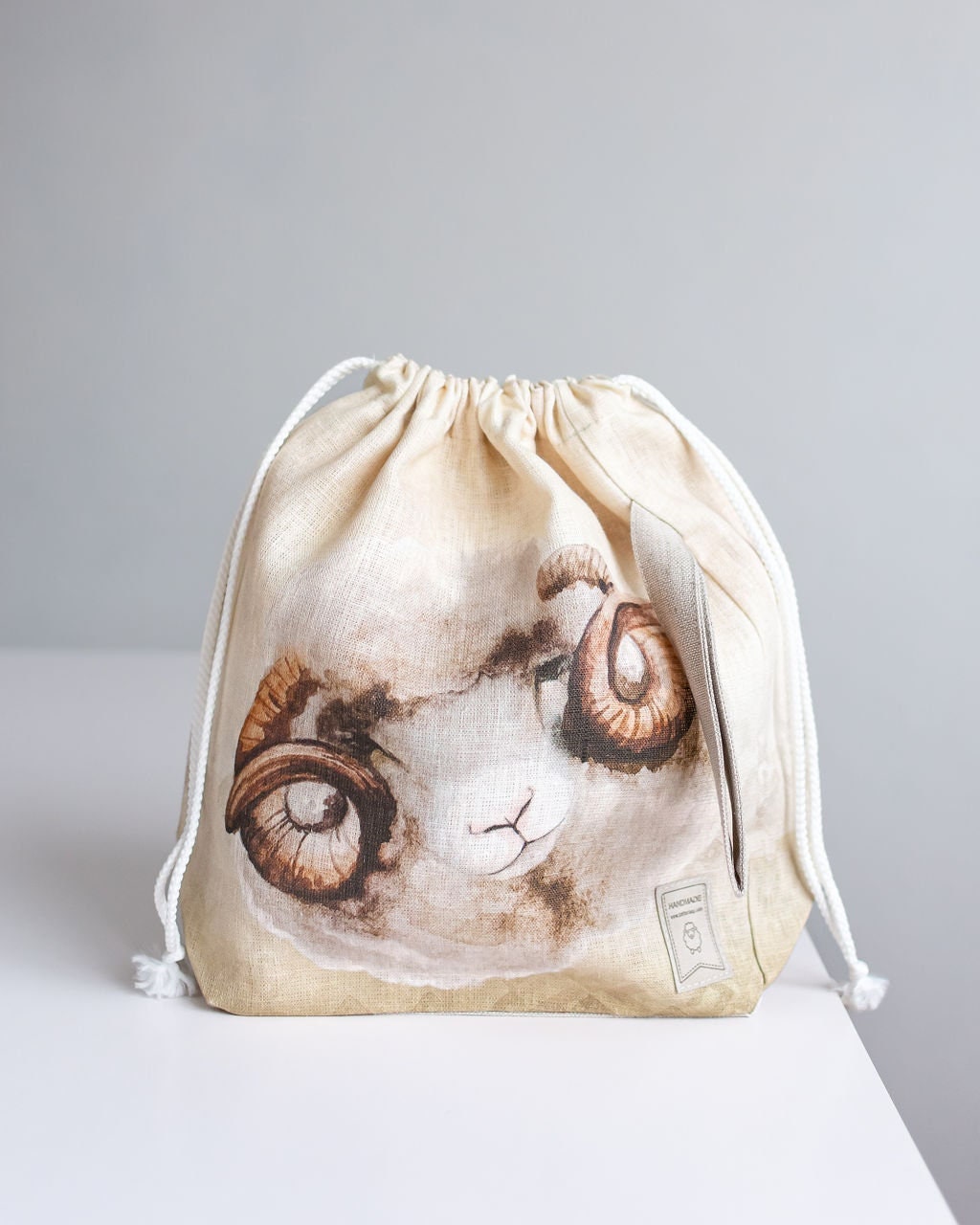 Linen project bag, Knitting needle holder, Knitting Project Bag. Drawstring. Sheep print