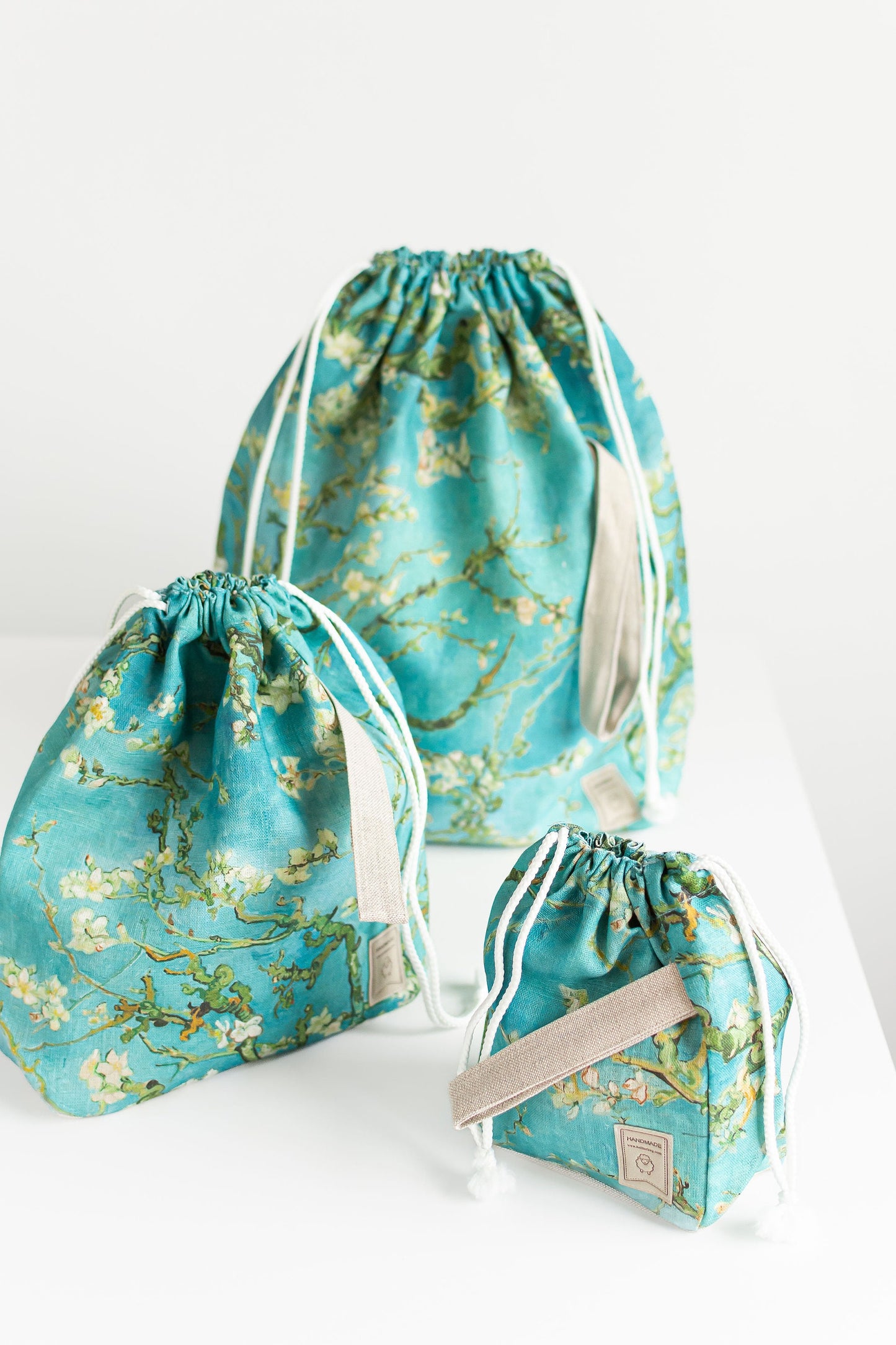 Project bags with Almond Blossom by Vincent van Gogh print. Set of 3 Project Bags. Sizes XL, Large and Small.