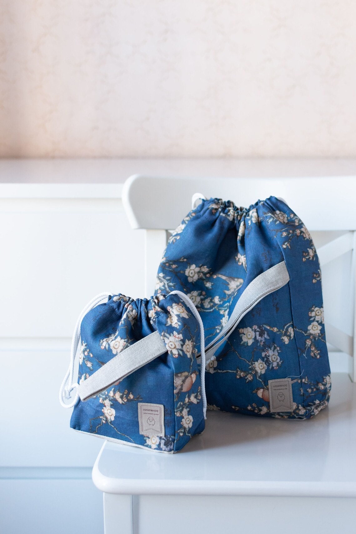 Project bag with Bullfinch and Weeping Cherry by Katsushika Hokusai print. XL size Knitting Project Bag.