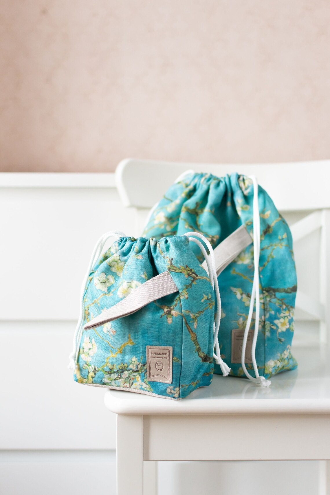 Project bags with Almond Blossom by Vincent van Gogh print. Set of 3 Project Bags. Sizes XL, Large and Small.