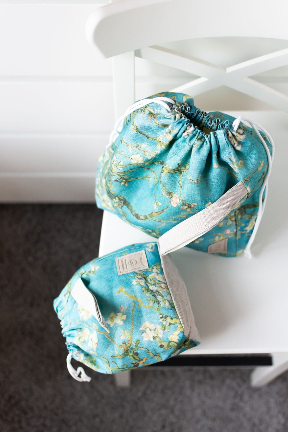 Project bags with Almond Blossom by Vincent van Gogh print. Set of 3 Project Bags. Sizes XL, Large and Small.