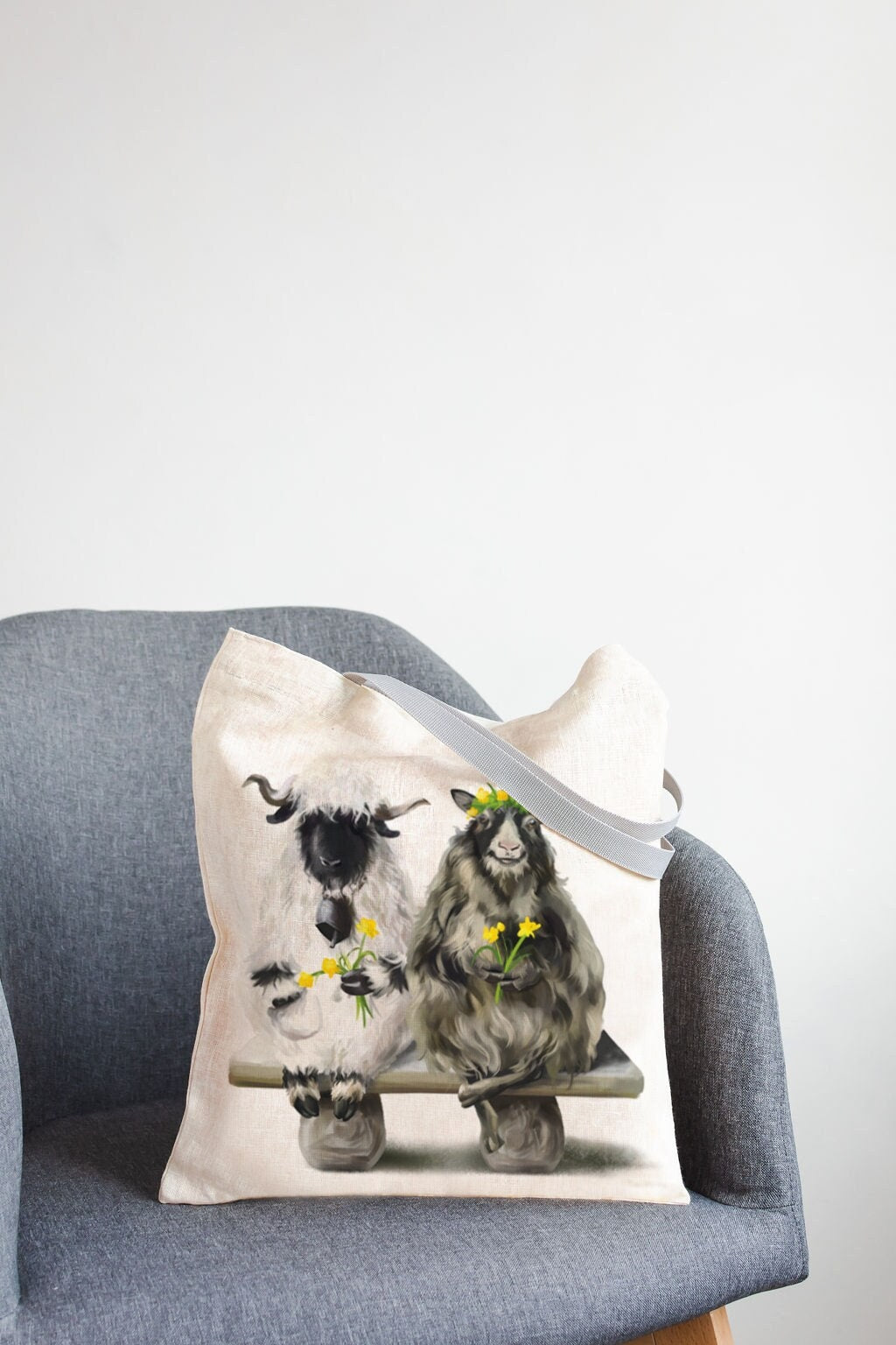 Linen Market Bag. Shopping tote with sheep.