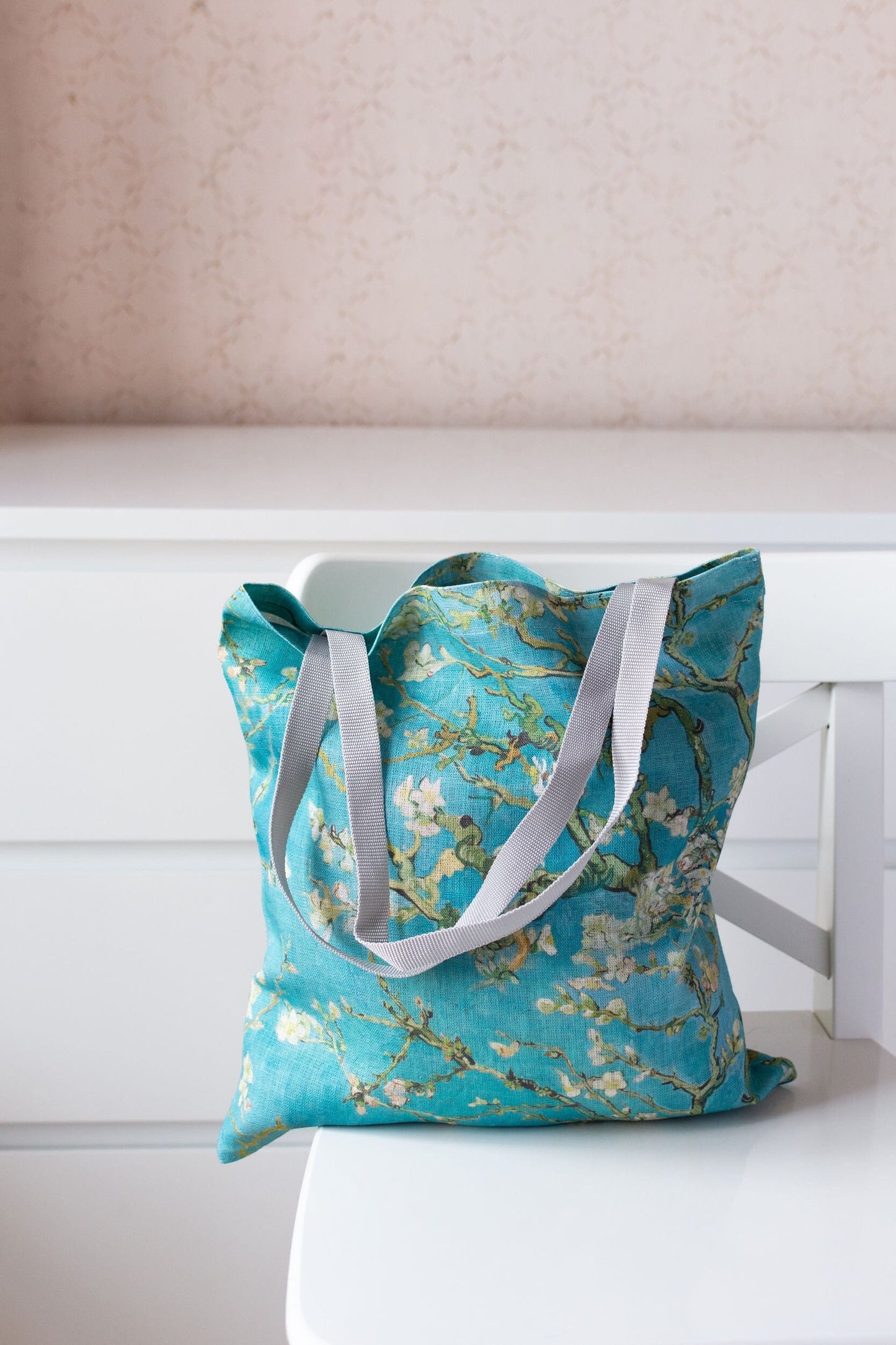 Almond Blossom by Vincent van Gogh Linen Bag. Market shopping tote bag
