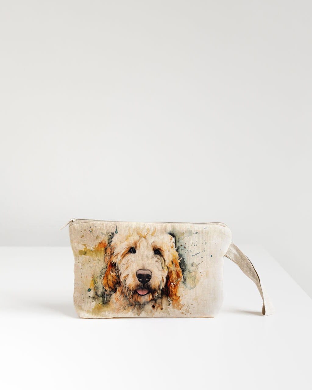 Linen Wristlet pouch with French Bulldog print, pencil case, cosmetic bag.