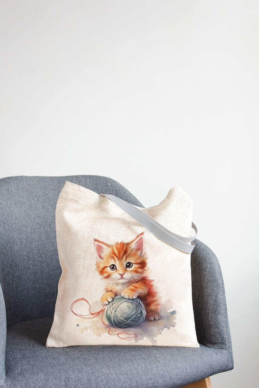 Shopping tote with Cat print. Linen Market Bag.