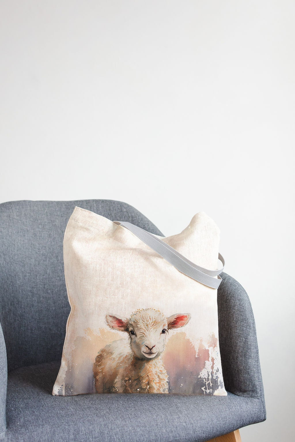 Linen Market Bag, Shopping tote with sheep print