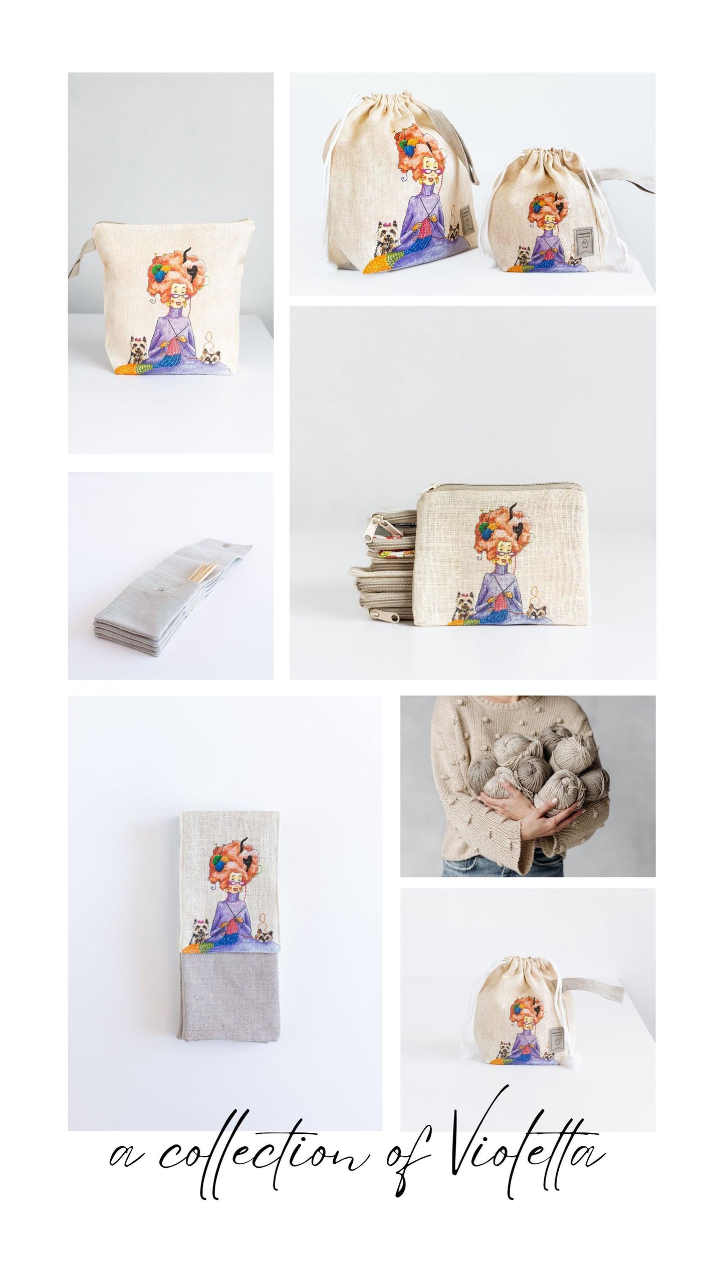 Large Drawstring Knitting Project Bag with Knitter print.