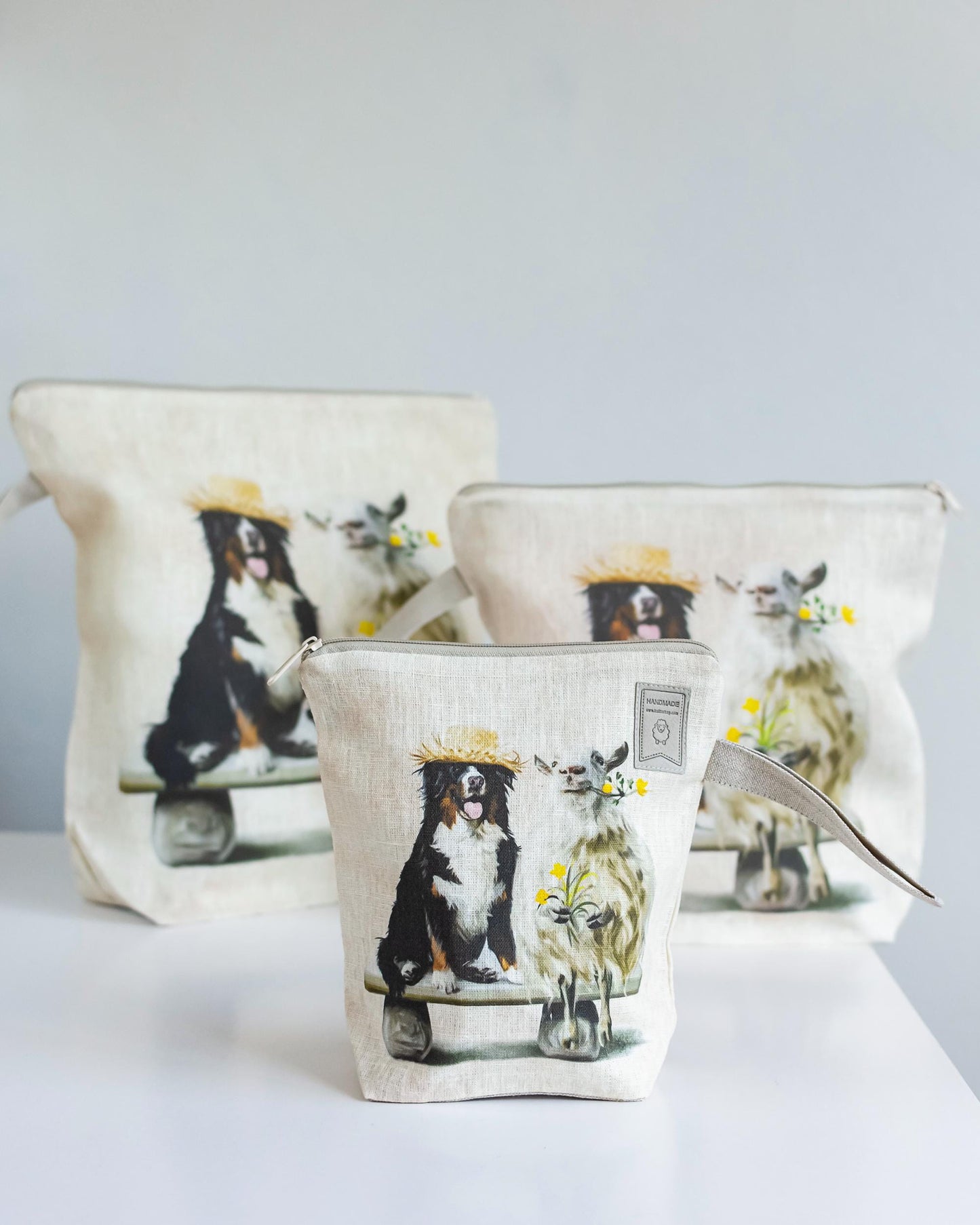 Sheep and Bernie dog print bag. Work in progress Project Bag with zipper. Small, Medium or Large Yarn organizer