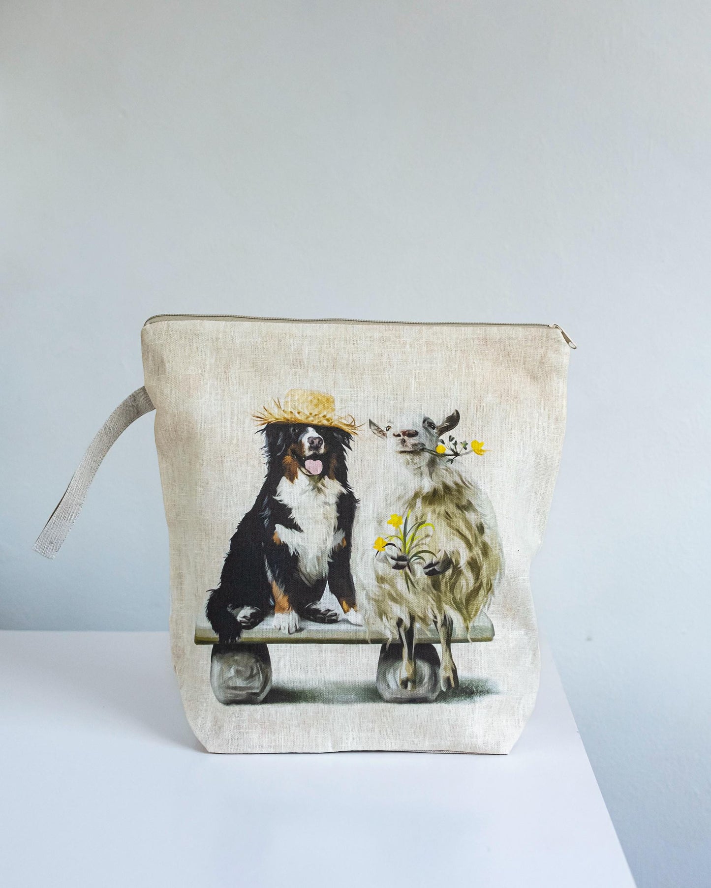 Sheep and Bernie dog print bag. Work in progress Project Bag with zipper. Small, Medium or Large Yarn organizer