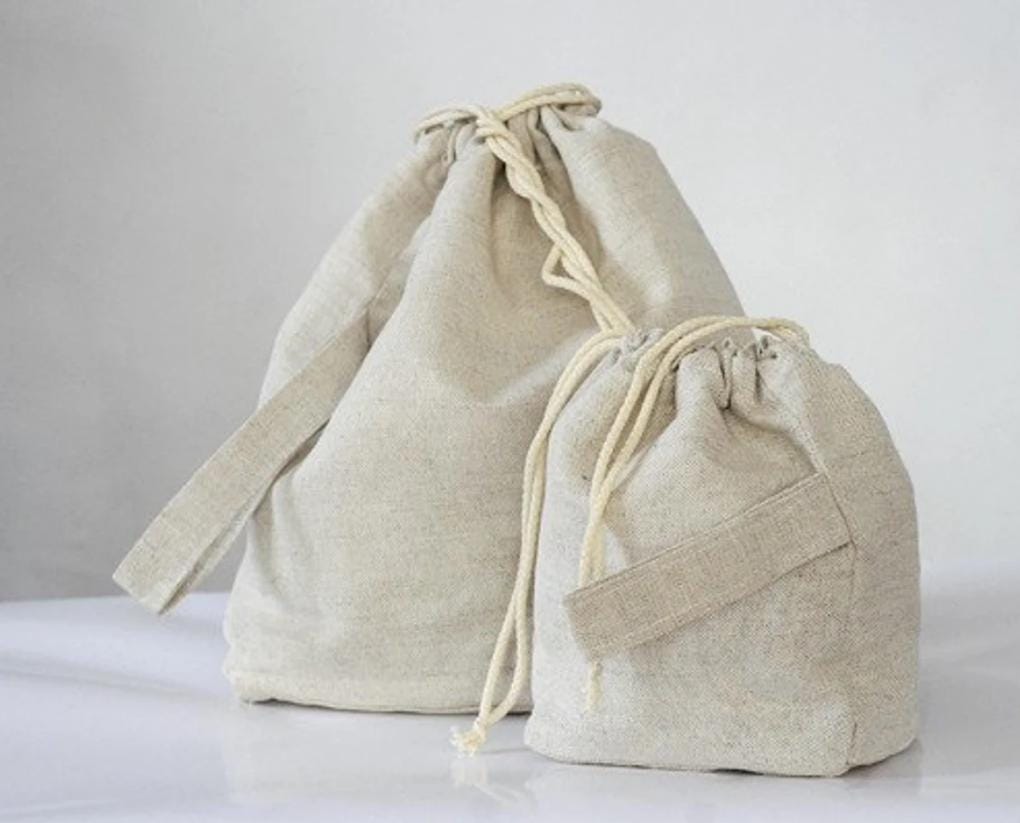 Small, Medium and Large Natural grey linen drawstring project bags. Set of 3 Linen Knitter Project Bags.