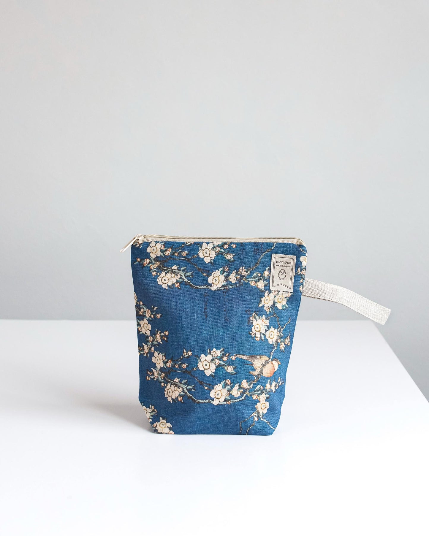 Project Bag with zipper inspired Bullfinch and Weeping Cherry by Katsushika Hokusai, Sizes Small, Medium, Large.