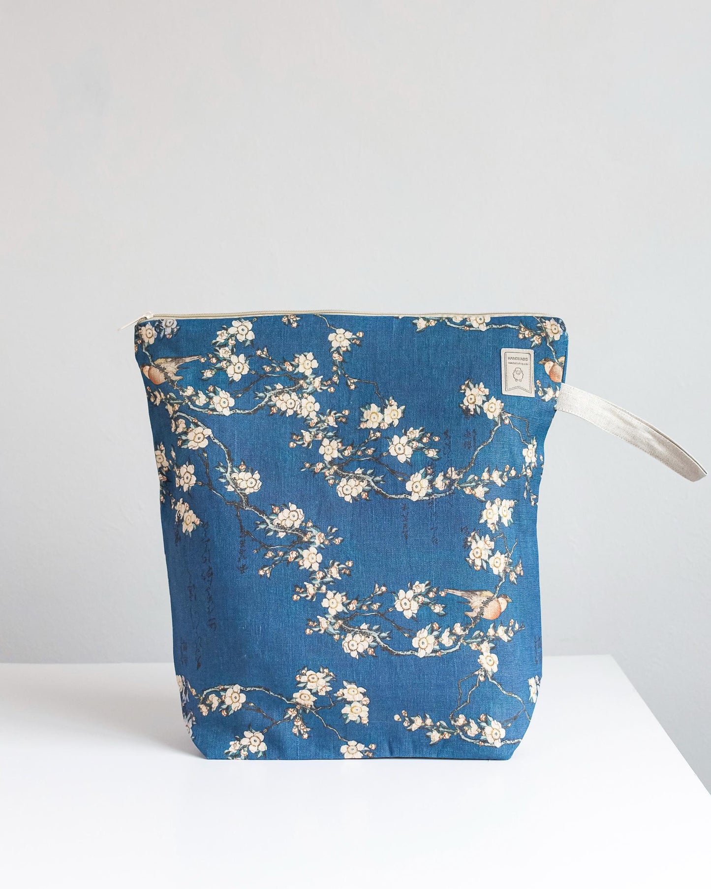 Project Bag with zipper inspired Bullfinch and Weeping Cherry by Katsushika Hokusai, Sizes Small, Medium, Large.