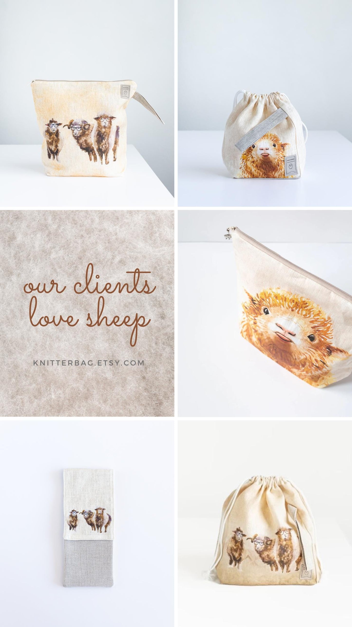 Knitting needle organizer case with Sheep and Dog print. Size: 4" x 9,2" (or 4" x 11"). Needles, Crochets and Hooks Case.