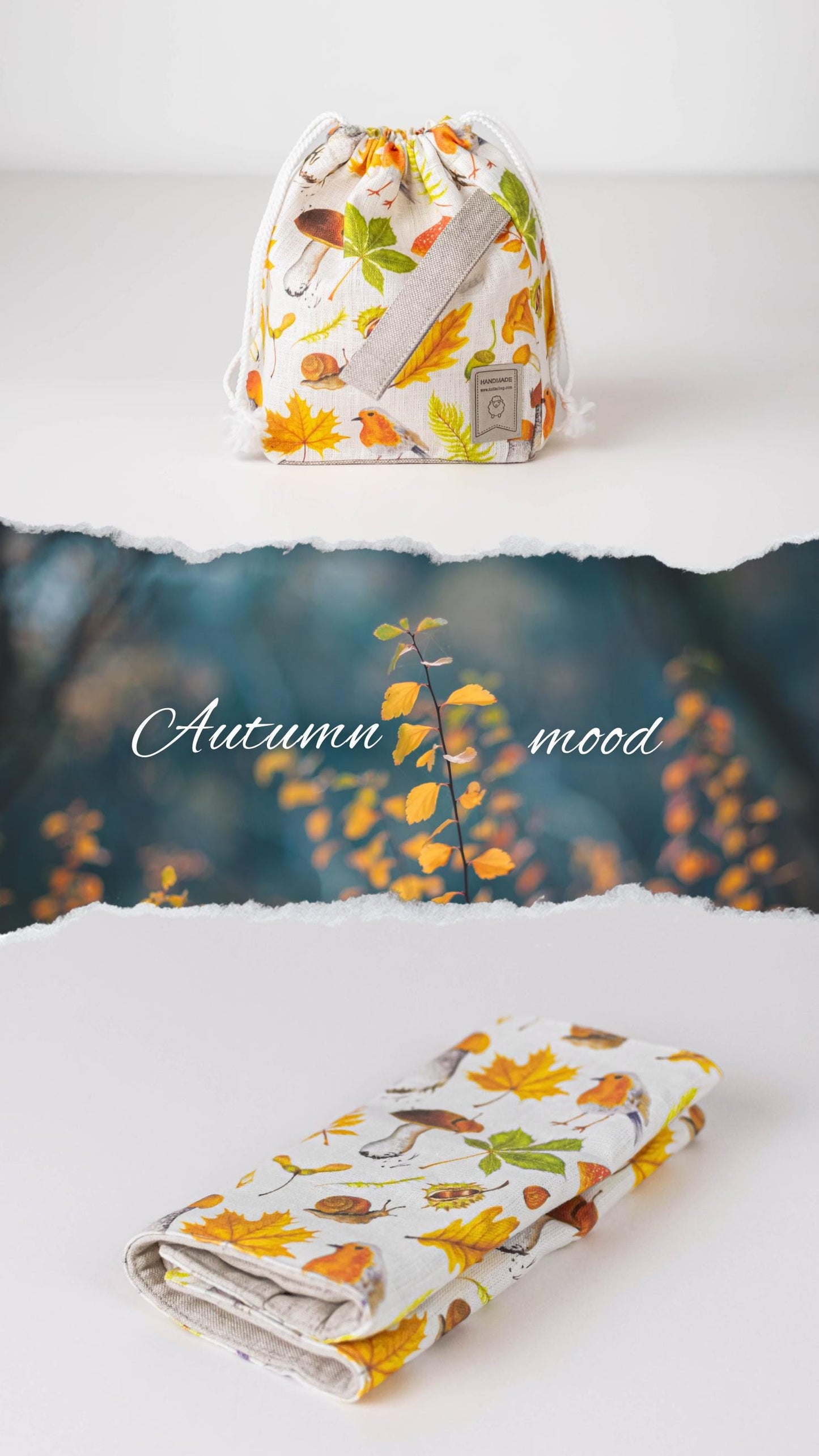 Project bags. Set of 2 Knitter Project Bags. Large and Small. Autumn leaf print