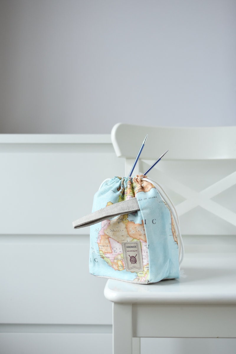 Work In Progress Project Bag Holder Small with world map pattern design.