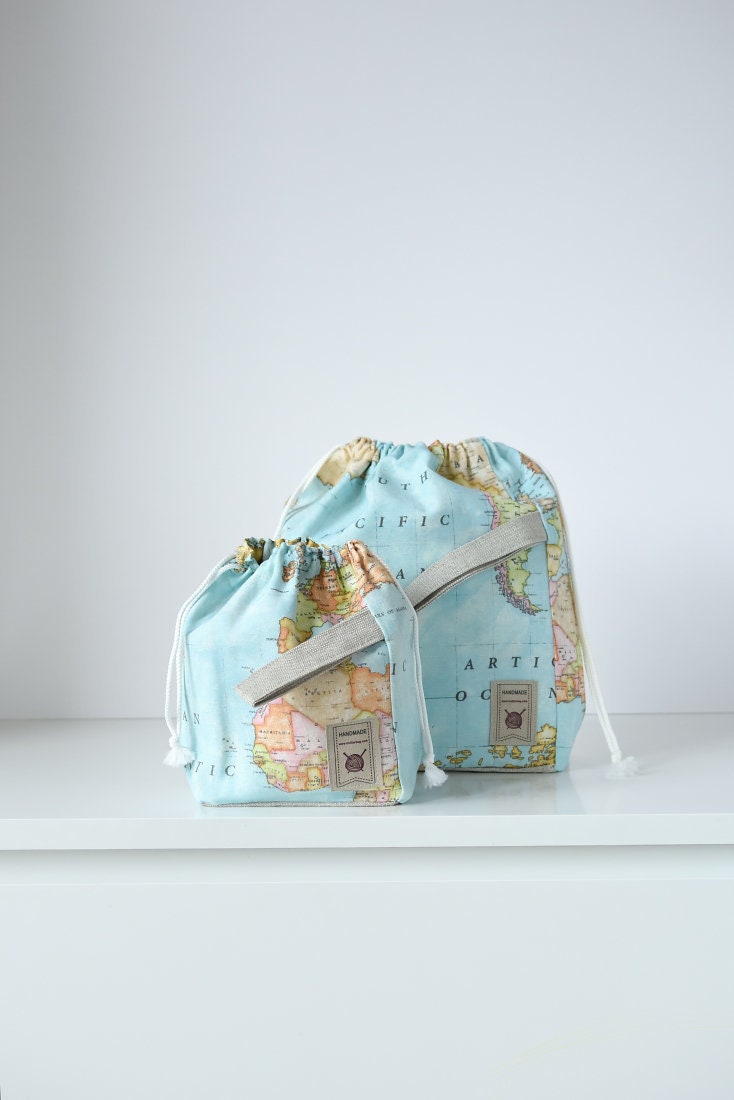 Work In Progress Project Bag Holder Small with world map pattern design.