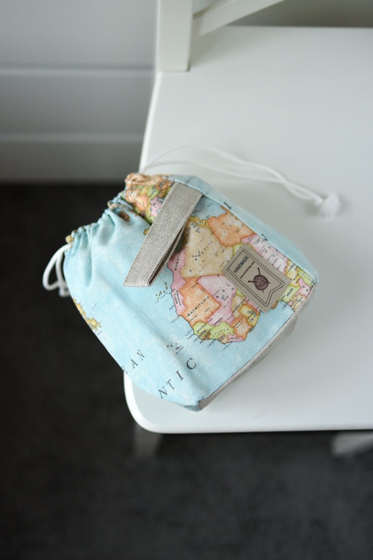 Work In Progress Project Bag Holder Small with world map pattern design.