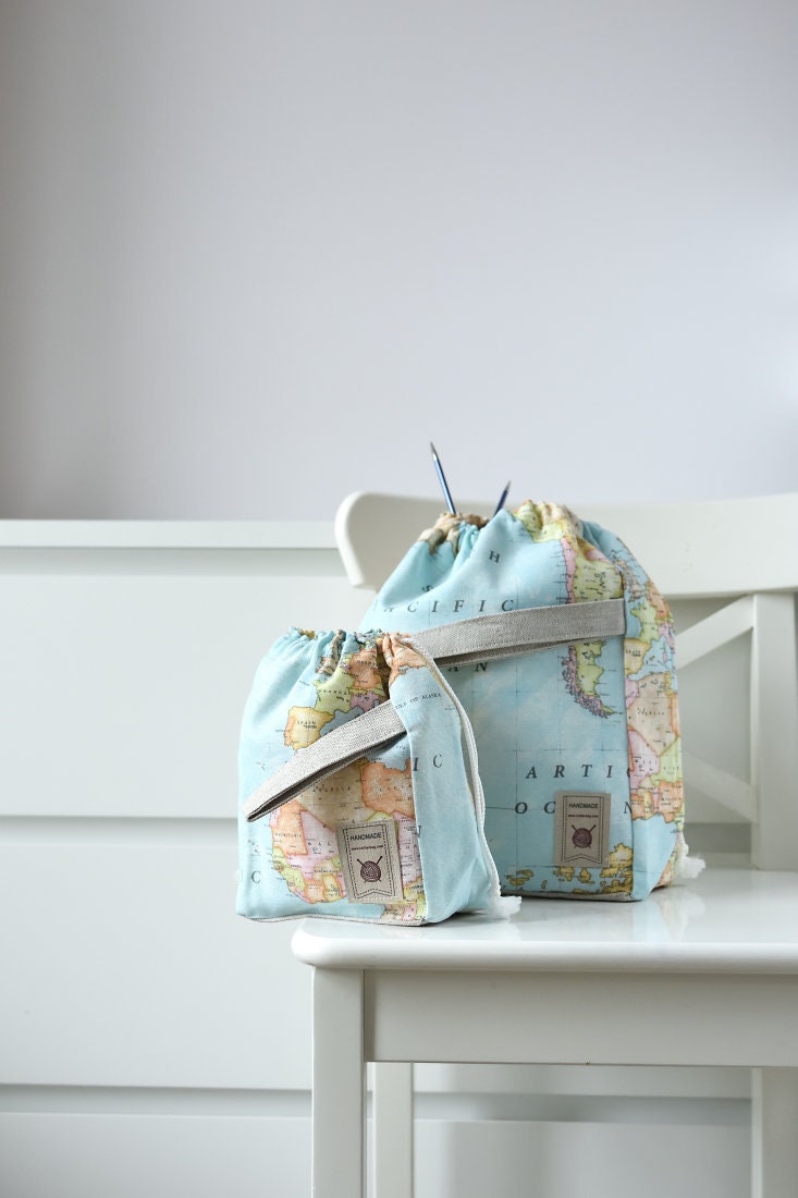 Work In Progress Project Bag Holder Small with world map pattern design.