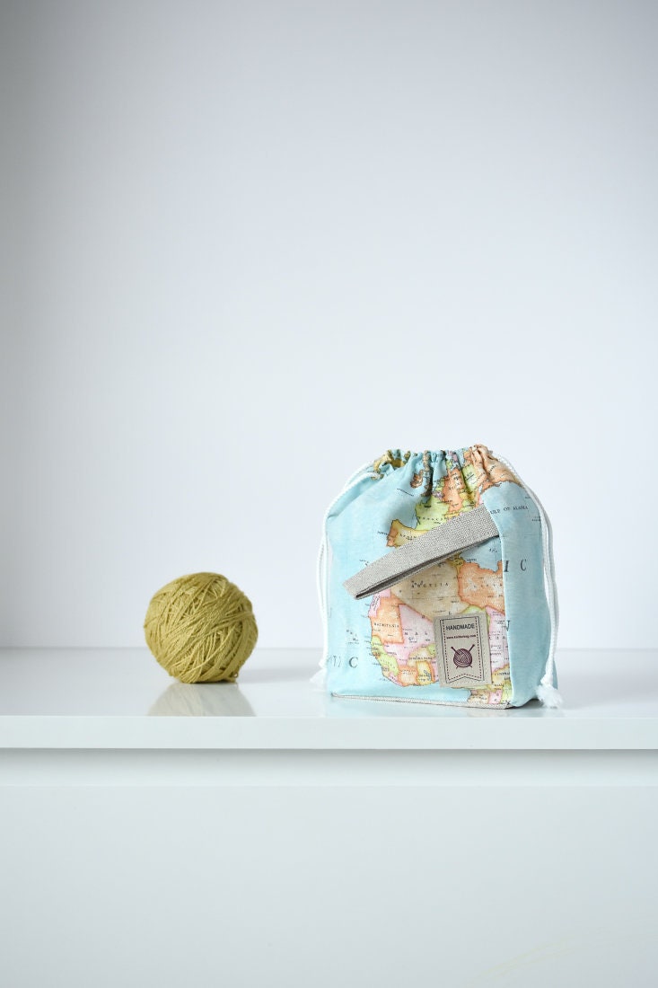 Work In Progress Project Bag Holder Small with world map pattern design.