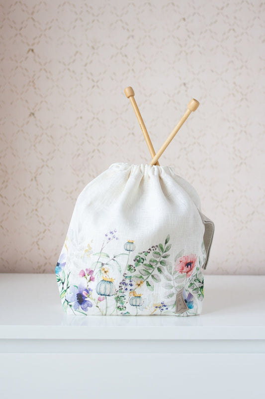 Drawstring Knitting Project Bag. Summer Flowers collection. Special KnitterBag design.