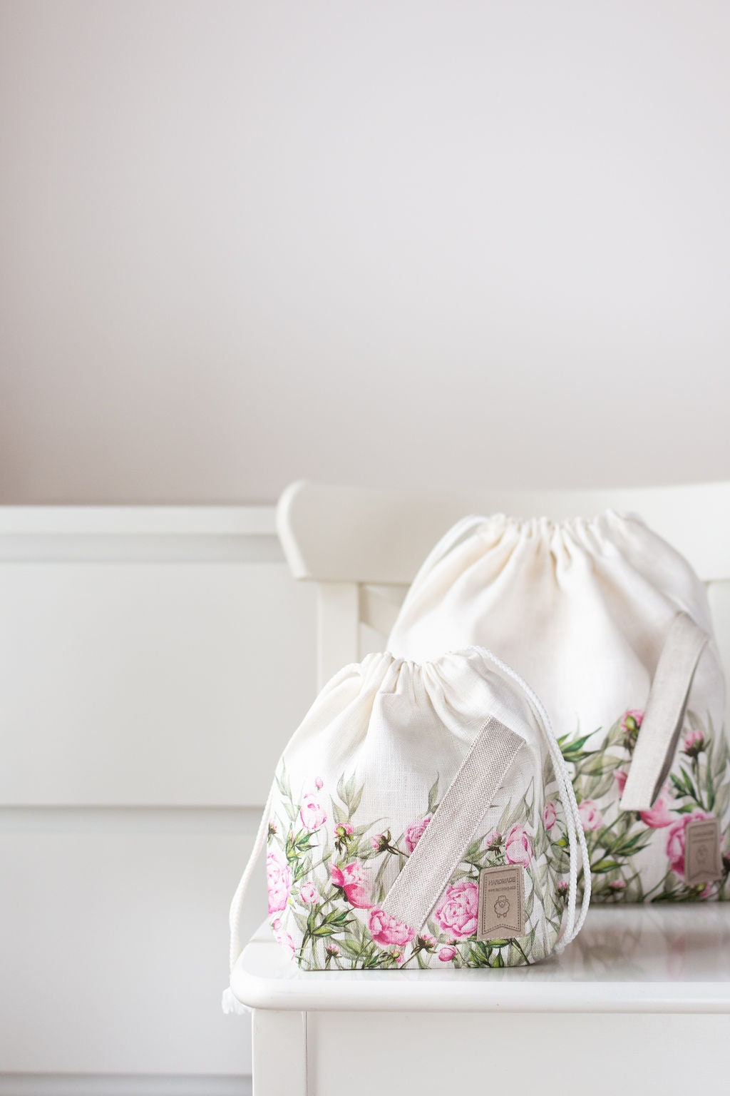 Project bags. Set of 2 Knitter Project Bags. Large and Small. Summer Flowers collection. Peony print