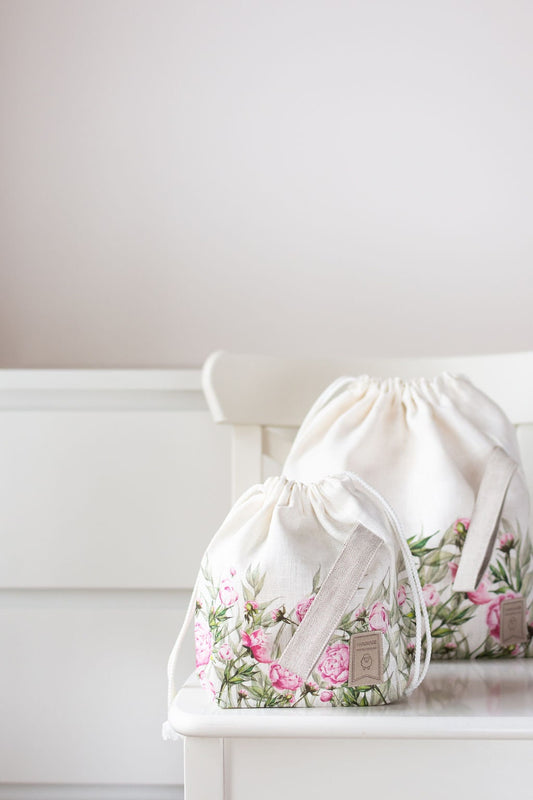 Project bags. Set of 2 Knitter Project Bags. Large and Small. Summer Flowers collection. Peony print