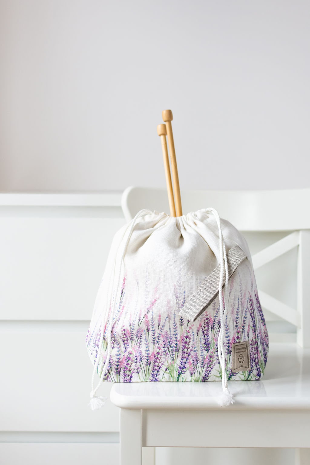 Drawstring Knitting Project Bag. Large. Summer Flowers collection. Special KnitterBag design. Lavender