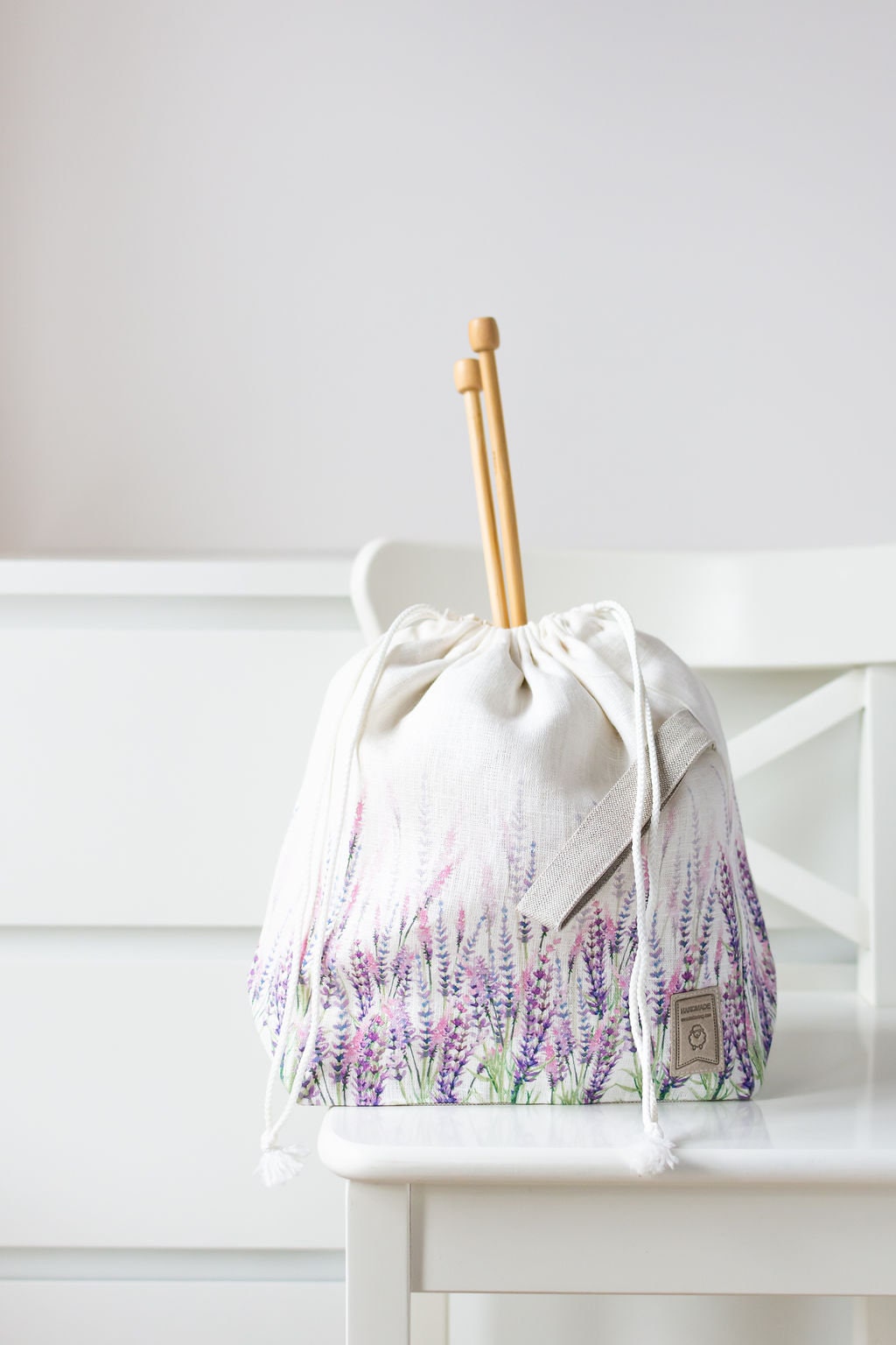 Lavender Bag Drawstring Knitting Project Bag. Summer Flowers collection. Special KnitterBag design.