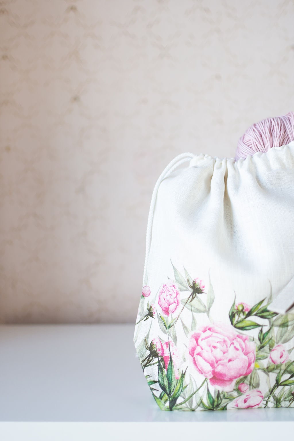 Drawstring Knitting Project Bag. Summer Flowers collection. Special KnitterBag design. Peony