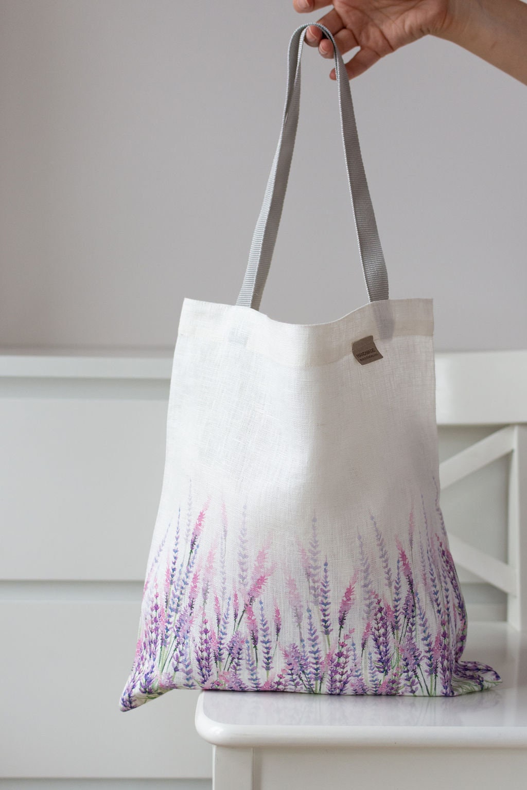 Linen Market Bag. Size: 13" x13". Summer Flowers collection. Lavender pattern