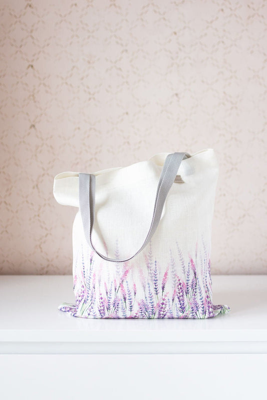 Linen Market Bag. Size: 13" x13". Summer Flowers collection. Lavender pattern