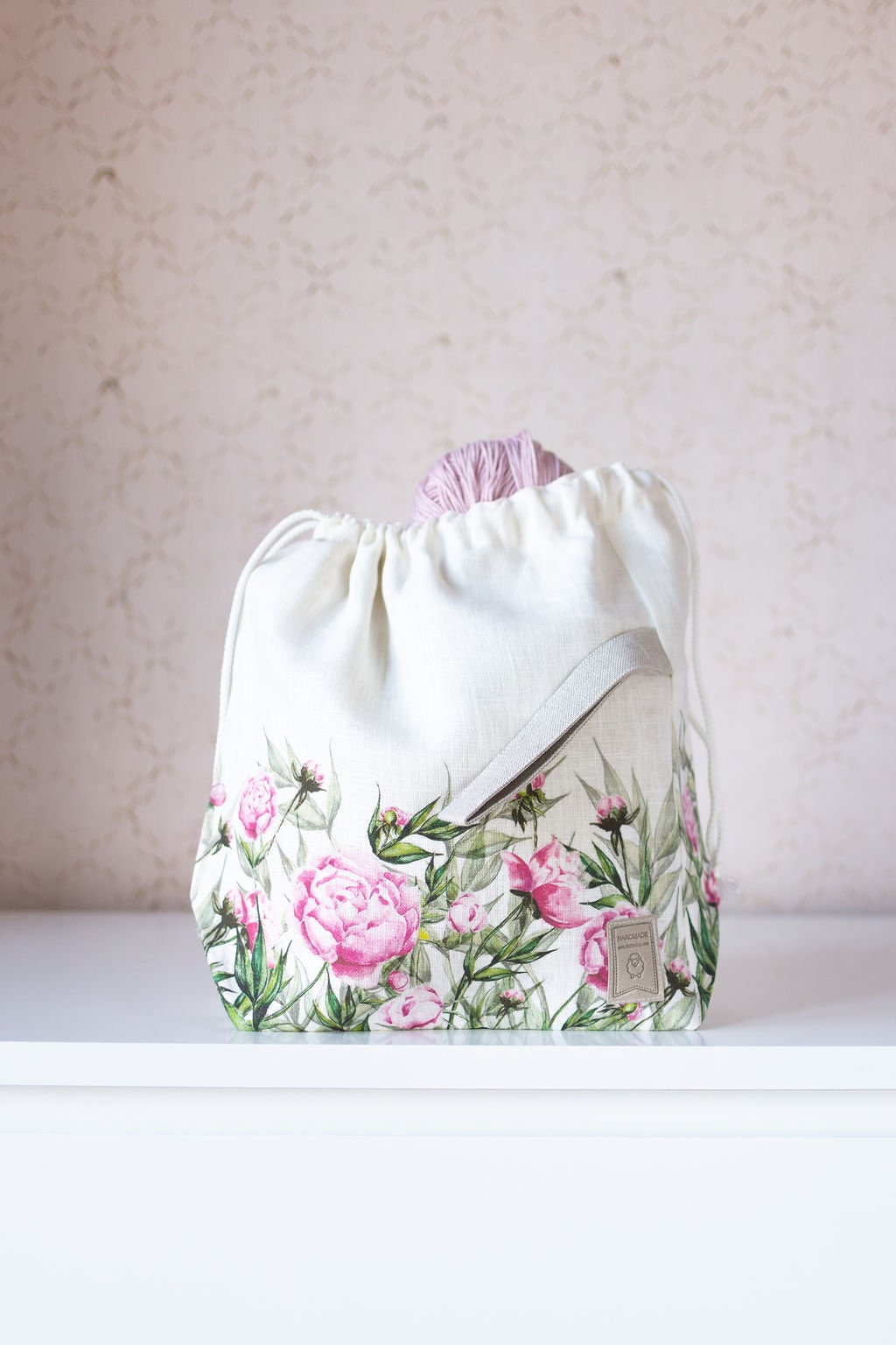 Drawstring Knitting Project Bag. Summer Flowers collection. Special KnitterBag design. Peony