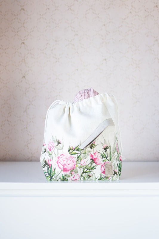 Drawstring Knitting Project Bag. Summer Flowers collection. Special KnitterBag design. Peony