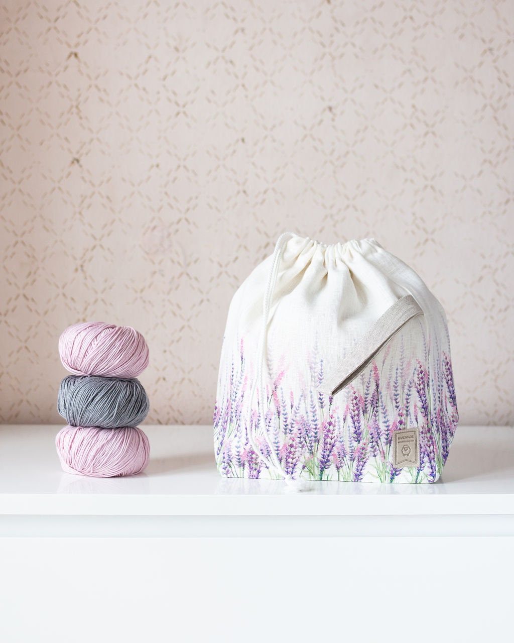 Lavender Large Drawstring Knitting Project Bag. Large. Summer Flowers collection. Special KnitterBag design.