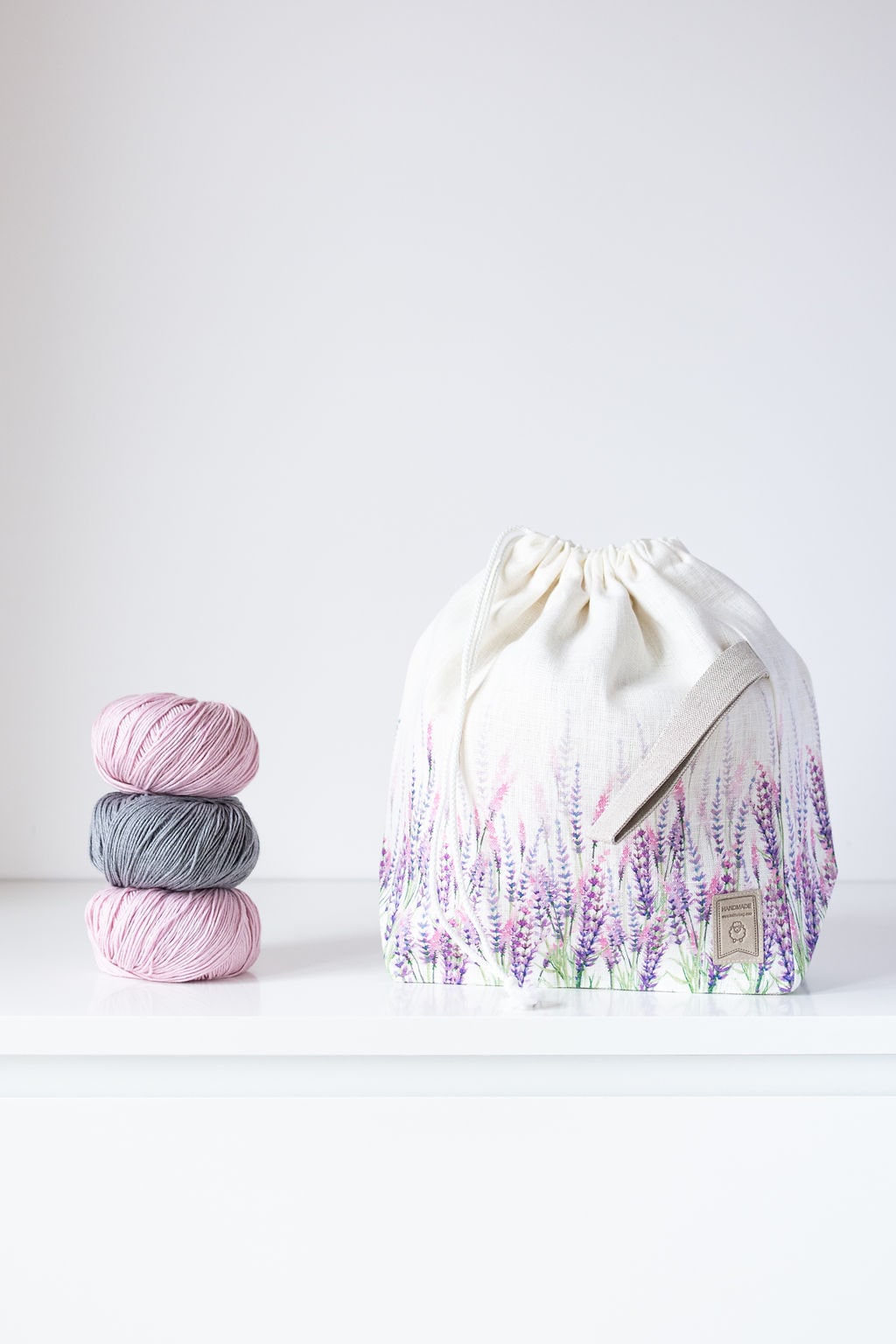 Drawstring Knitting Project Bag. Large. Summer Flowers collection. Special KnitterBag design. Lavender